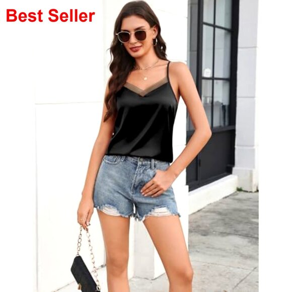 Silk Satin V-Neck Camisole with Adjustable Straps, Lightweight Summer Tank - Picture 5 of 6